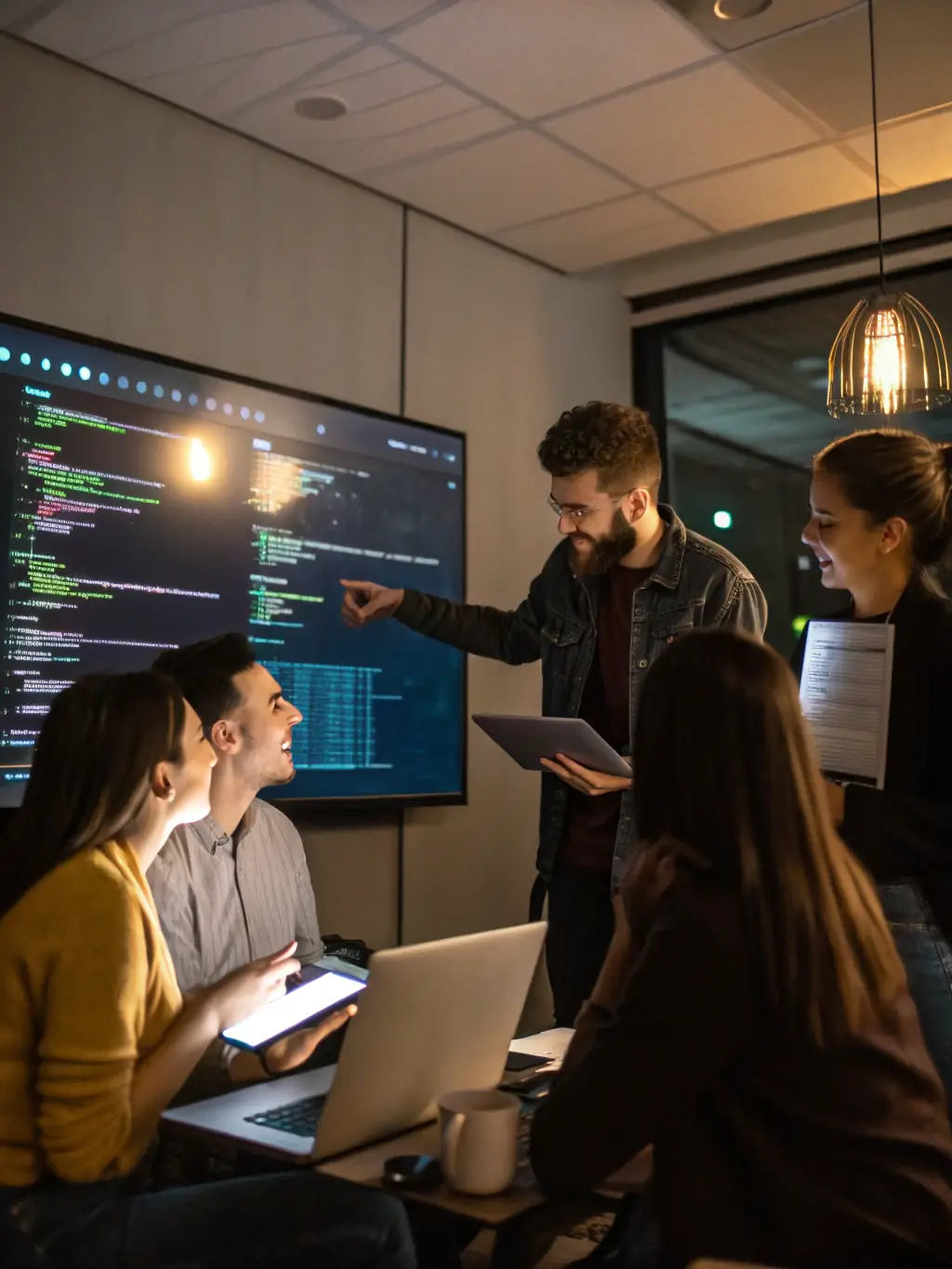 A diverse team of software developers collaborating on a project, highlighting the full-stack expertise of BlueWatch Software.